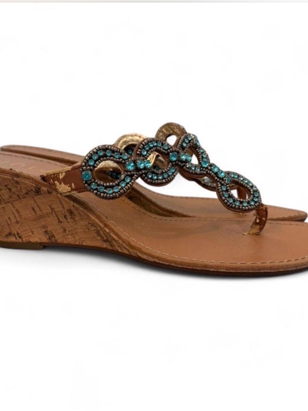 Unisa Brown Cork Wedge Thong Sandals with Turquoise Beadwork